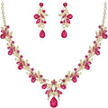 BriLove Women's Wedding Jewelery Set Leaf Flower Crystal Teardrop Marquise Cluster Pendant Necklace Dangle Earrings for Bridal Party