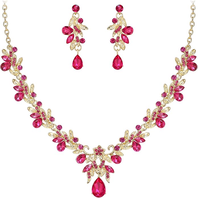 BriLove Women's Wedding Jewelery Set Leaf Flower Crystal Teardrop Marquise Cluster Pendant Necklace Dangle Earrings for Bridal Party