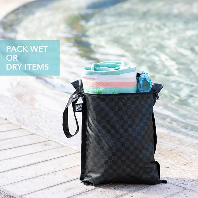 Bumkins - Waterproof Wet Bag & Clear Travel Bags - For Beach, Baby, Travel, Swim Suit, Cloth Diapers, Pump Parts, Pool, Gym, Toiletries - Reusable & Easy to Clean - Black Check - 4 Pack