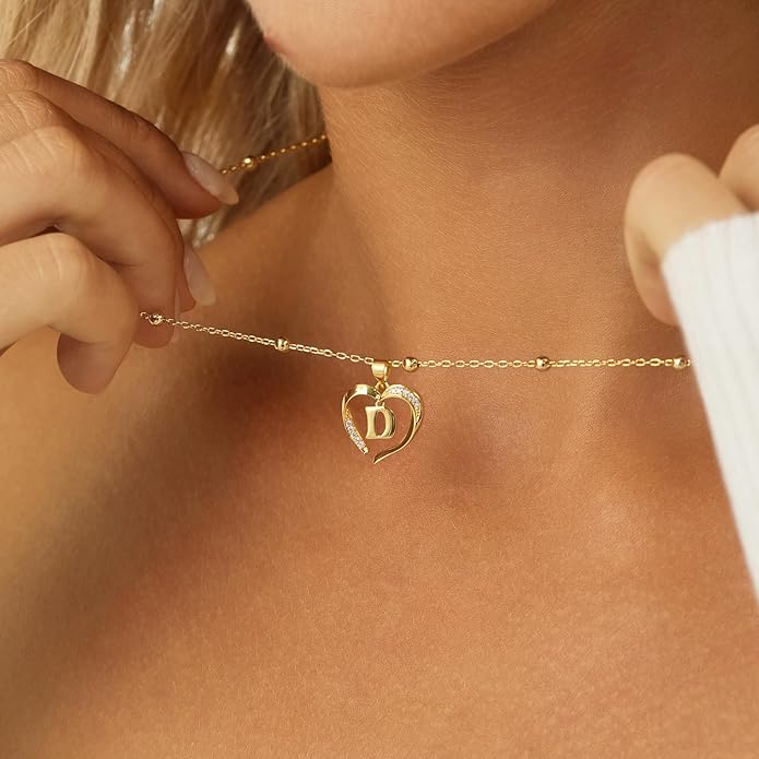 Cicy Bell Womens Heart Initial Necklace for Women 18k Gold Plated Shell Personalized Letter Pendant Necklace 17.7'' with 2'' Extender