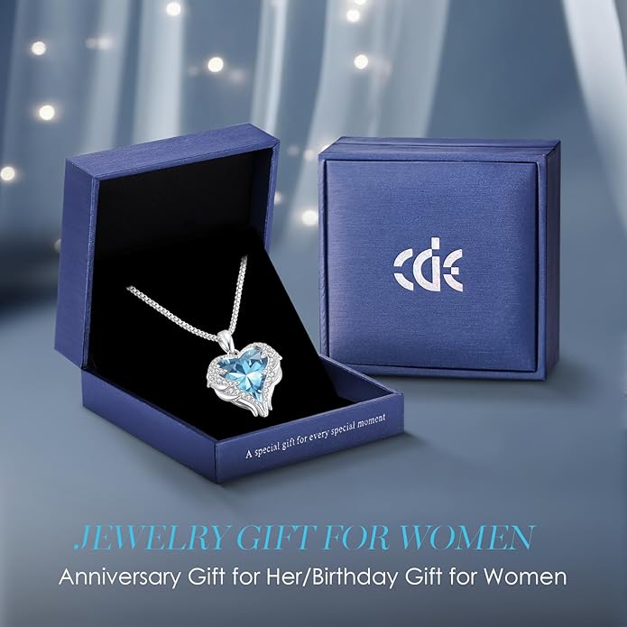 CDE Valentines Day Gifts for Women Angel Wings Necklace for Women with Birthstone, Love Heart Silver Tone/Gold Tone Pendant, Ideal Anniversary or Birthday Jewelry Gifts for Wife Girlfriend Her