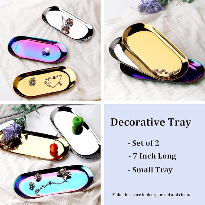 Stainless Steel Decorative Tray, 7 Inch Long, Jewelry Dish Cosmetics Organizer - Image 3