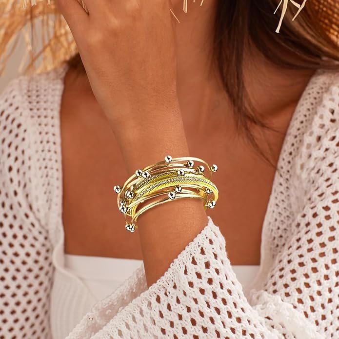 Wrapped Bracelets for Women,Leather Bracelet,Boho Bracelets for Women,Multi-Layer Pearl Crystal Bracelet Bangle Jewelry