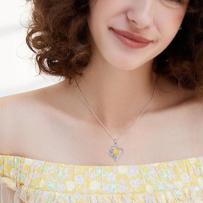 ZBA Natural Diamond Sunflower Heart Necklace for Women 18K Gold Plated Sterling Silver Sunflower Heart Pendant Necklace Jewelry Christmas Gifts for Mom(Color FG Clarity SI2SI3)