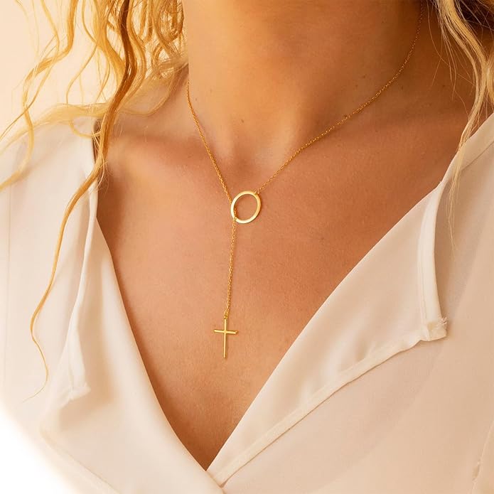 Luxval Lariat Gold Necklace for Women, Dainty Long Necklace 14k Gold Plated/Silver Y-Shaped Pendant Necklaces Trendy Beaded Chain Drop Necklaces Jewelry for Women Gifts