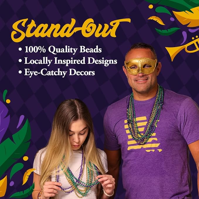 THE MARDI GRAS KREWE - Beads Necklaces Mardi Gras 72 Pack, 6 Dozen 33" 7mm - Party Favors, Parades, Bulk Decorations, Costumes, Festivals, Events - Purple Green Gold