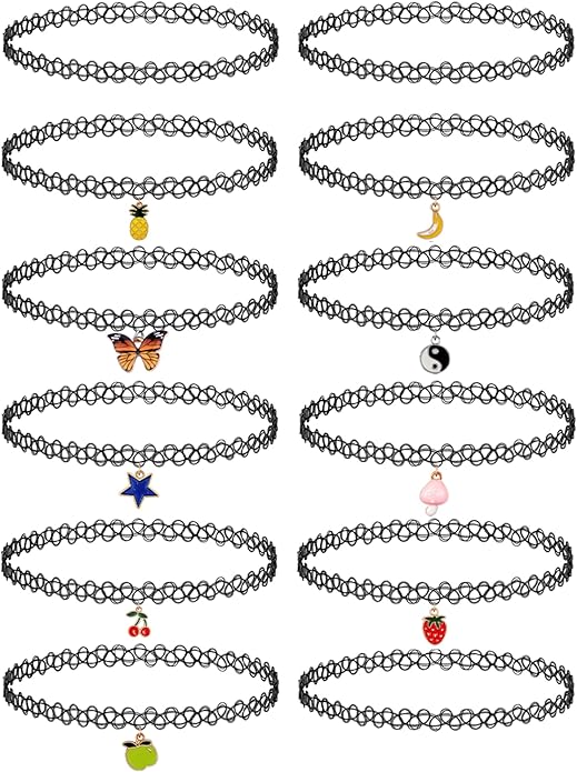 BodyJ4You 12PC Tattoo Choker Necklace for Women - 90s Choker Necklaces Y2K Fashion Trendy Vintage - Emo Black Choker Rainbow Pink White Purple Neon Green Blue Daisy Flower