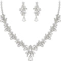 BriLove Women's Wedding Jewelery Set Leaf Flower Crystal Teardrop Marquise Cluster Pendant Necklace Dangle Earrings for Bridal Party