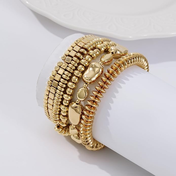 Gold Plated Beaded Bracelets for Women Trendy, 14K Gold Plated Stack Cross Pearl Gold Plated Bead Stretch Bracelets Set Elastic Hypoallergenic Bracelets Jewelry Gifts