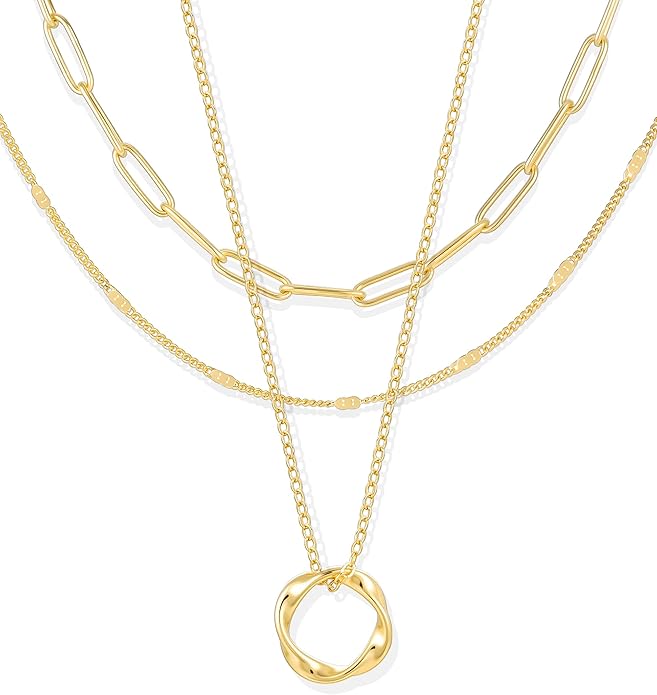YEEZII Layered Gold Necklaces for Women Trendy, 3 Pcs 14K Gold Plated Choker Paperclip Box Chain Necklace, Stackable Women's Gold Pendant Necklaces Jewelry Set