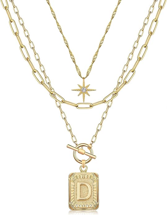 MJartoria Layered Initial Necklaces for Women Trendy, 14K Gold Plated Brass Simple Star Choker Square Letter Pendant Necklace, Paperclip Chain Necklaces Jewelry Gifts