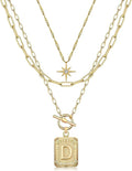 MJartoria Layered Initial Necklaces for Women Trendy, 14K Gold Plated Brass Simple Star Choker Square Letter Pendant Necklace, Paperclip Chain Necklaces Jewelry Gifts