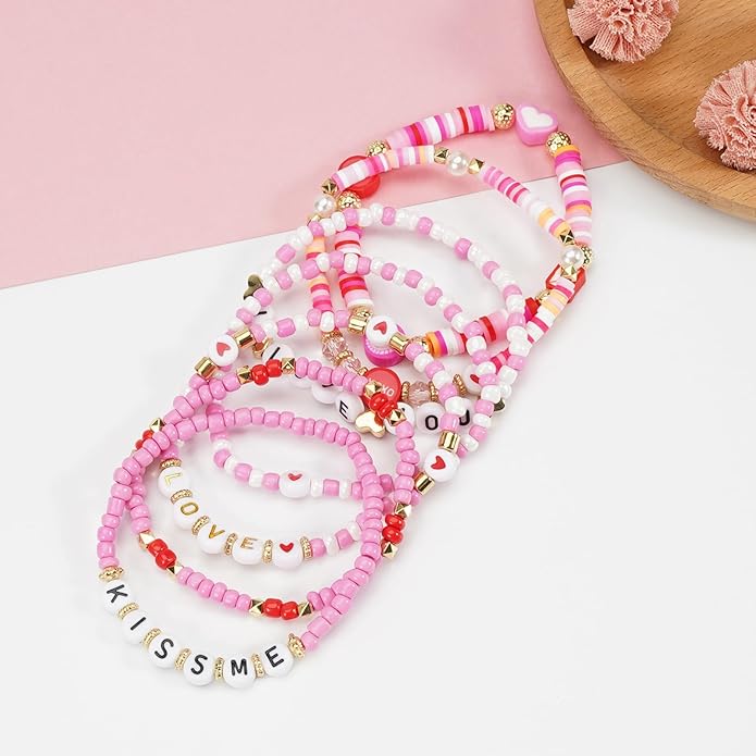 Beaded Bracelet for Women Pink Love Heart Stretch Bracelets Accessories