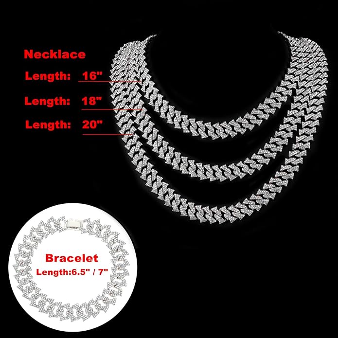 HH BLING EMPIRE 14k Gold/Silver Cuban Link Chain for Women Iced Out Diamond Chunky Cuban Link Necklace Chain Bracelet 2pcs Sets