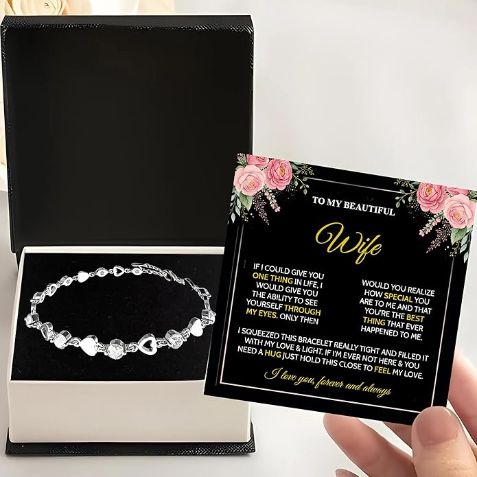 “To My Wife Heart Bracelet – Crystal Heart Link Jewelry Gift with Message Card”.