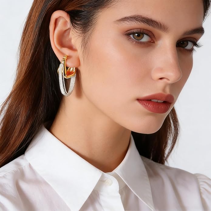 Two-Tone Tassel Chain Huggie Hoop Earrings for Women Mix Metal 18K Gold Plated Small Chunky Statement Earrings Gold Silver Dangle Drop Hip Hop Punk Hoop Earrings