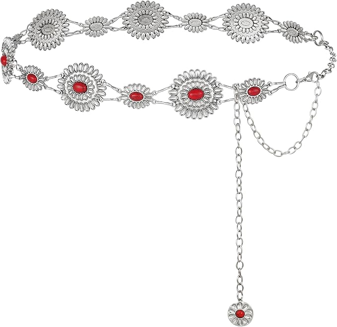 FIORETTO Metal Waist Chain Link Belt for Women Western Cowgirl Boho Turquoise Belts for Dress Jeans Country Concert Outfit