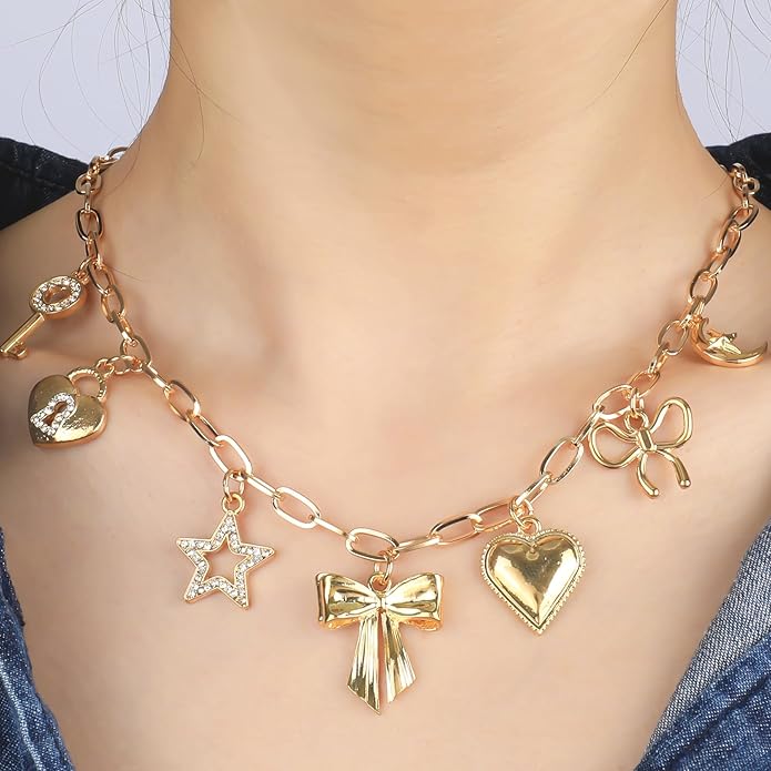 [3 Trendy Styles] Women's Necklaces - Alloy with Glass Crystals & Pearls, Electroplated O - Link Chain, Mermaid Inspired by Fantasy Aesthetics/Bow with Y2K Sweet Charm/Cherry Fruit in the Latest Kawaii Vibe, 47cm(18.5in) Chain Length + 6.5cm(2.55in) Ex...