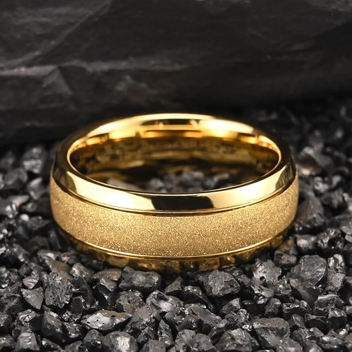 Golden Tungsten Carbide Ring for Men Women 8mm/6mm Sandblasted Inlaid Groove Men's Engagement Wedding Bands Fashionable and Luxurious