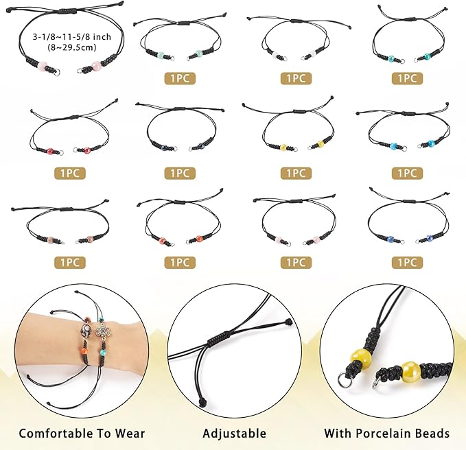 11 Pcs Adjustable Braided Cords Black Waxed Braided Thread Half Finished Bracelet with Porcelain Beads for DIY Women Jewelry Making Friendship Fashion Bangle Accessory