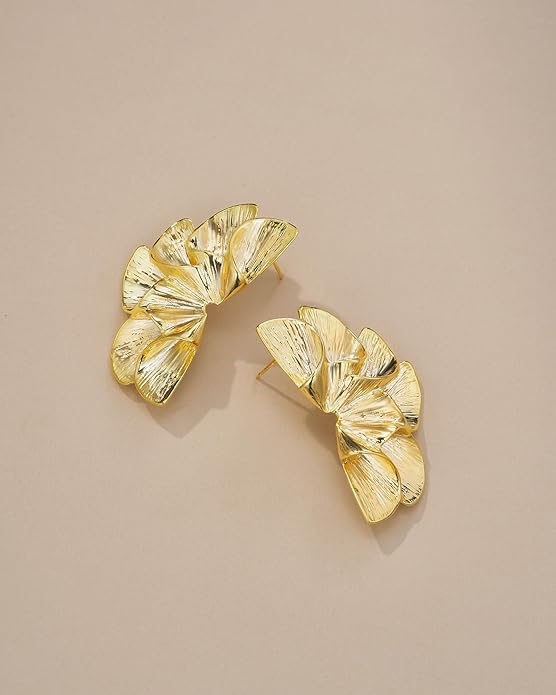 18K Gold Plated Large Chunky Flower Statement Earrings for Women by SNGIA, Summer Beach Floral Handmade Drop Jewelry, Maximalist Wedding Date Birthday Gift, Bold Exaggerated Textured Dangle Trendy Ribbed Jewelry, 18K Gold Plated Chandelier Fashion Acce...