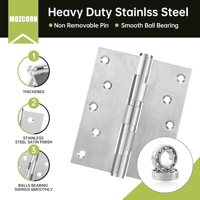 5" Ball Bearing Door Hinges 6 Pack, Heavy Duty Stainless Steel Hinge 5 x 4 Inch - Image 3