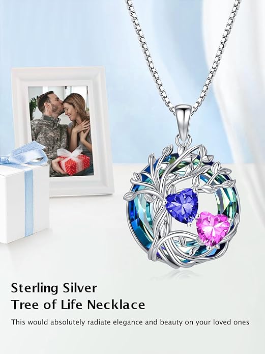 TOUPOP s925 Sterling Silver Family Celtic Tree of Life Pendant Necklaces with 2 Heart Birthstone with Blue Austrian Crystal Jewelry Birthday Valentines Day Gifts for Her, Anniversary Christmas Gifts for Wife Girlfriend Mom (18K Real White Gold Filled)