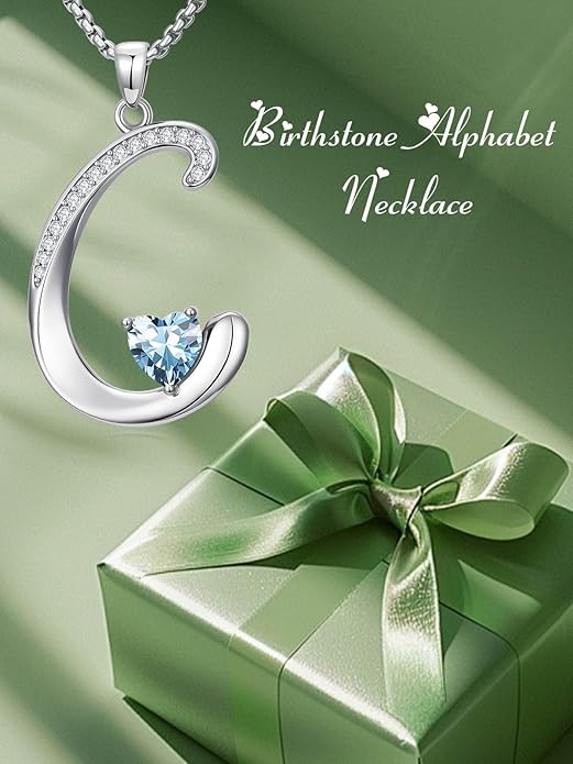 Valentines Day Gifts for Women Alphabet A to Z Initial Birthstone Pendant Necklaces for Women - 18k White Gold Plated Personalized Name Jewelry Valentine Mothers Day Birthday Gifts for Women Her Girlfriend