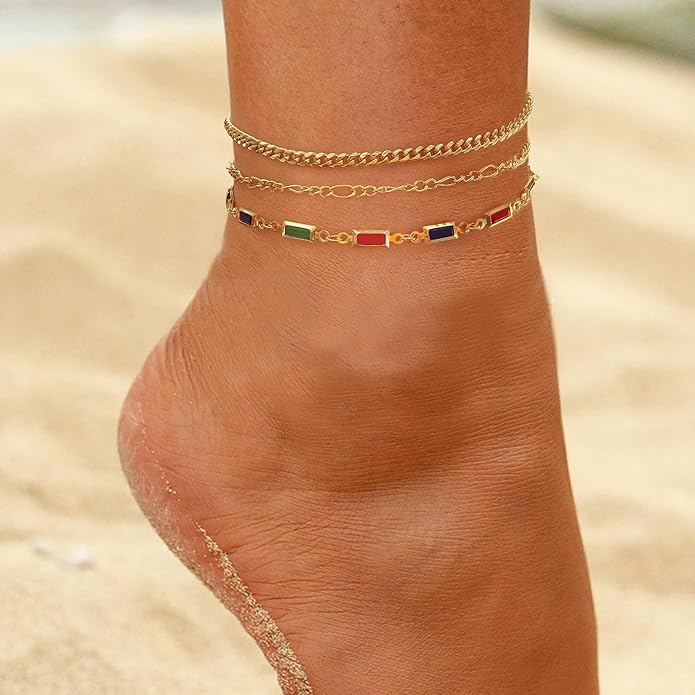MIDEEO Gold/Silver Ankle Bracelets for Women,14K Gold Anklets for Women Waterproof Cuban Link Heart Beads Herringbone Rhinestone Anklets Set Layered Anklet Bracelets for Women Gold Jewelry Gift