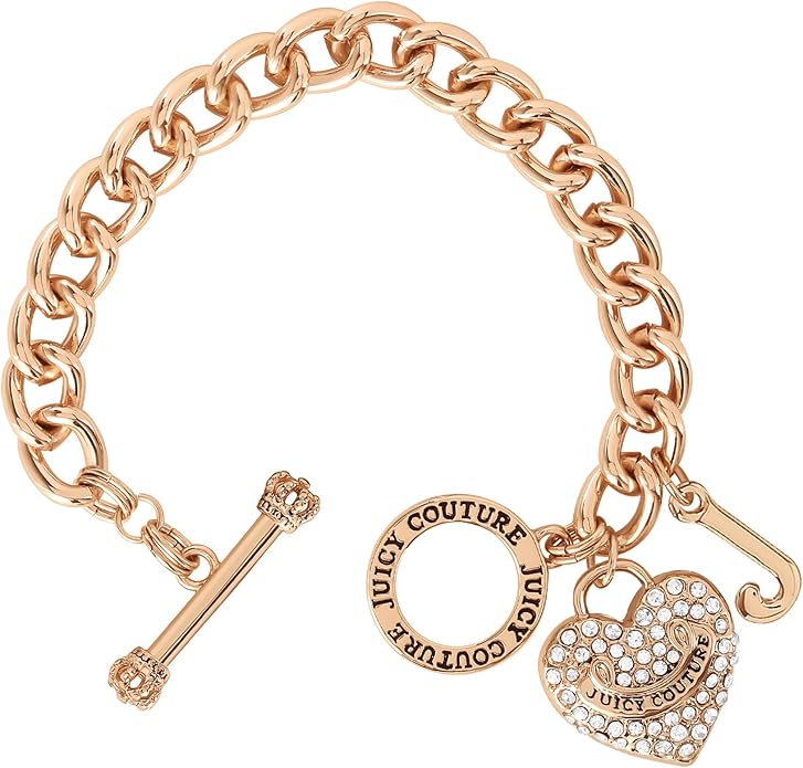 Juicy Couture Bracelet 7-7.5", Goldtone Heart Charm and Toggle Bracelets for Women, Juicy Jewelry