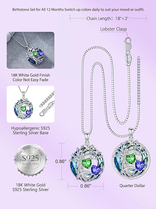 TOUPOP s925 Sterling Silver Family Celtic Tree of Life Pendant Necklaces with 2 Heart Birthstone with Blue Austrian Crystal Jewelry Birthday Valentines Day Gifts for Her, Anniversary Christmas Gifts for Wife Girlfriend Mom (18K Real White Gold Filled)