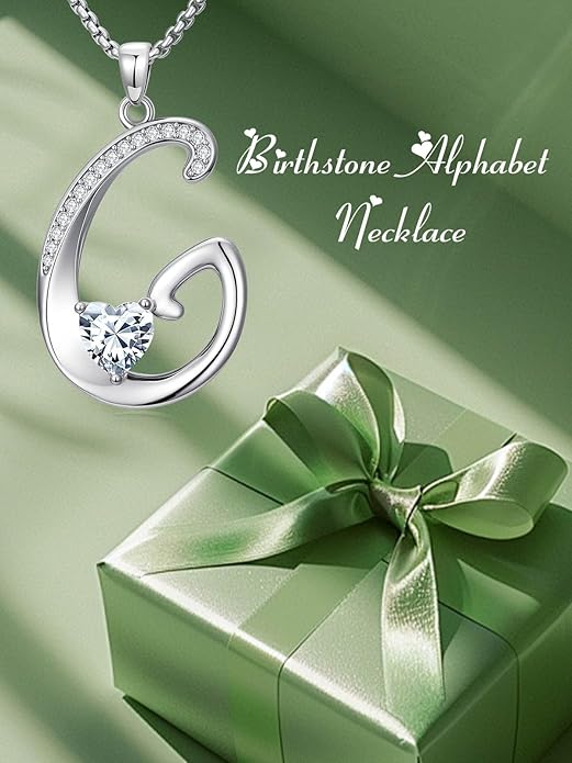 Valentines Day Gifts for Women Alphabet A to Z Initial Birthstone Pendant Necklaces for Women - 18k White Gold Plated Personalized Name Jewelry Valentine Mothers Day Birthday Gifts for Women Her Girlfriend