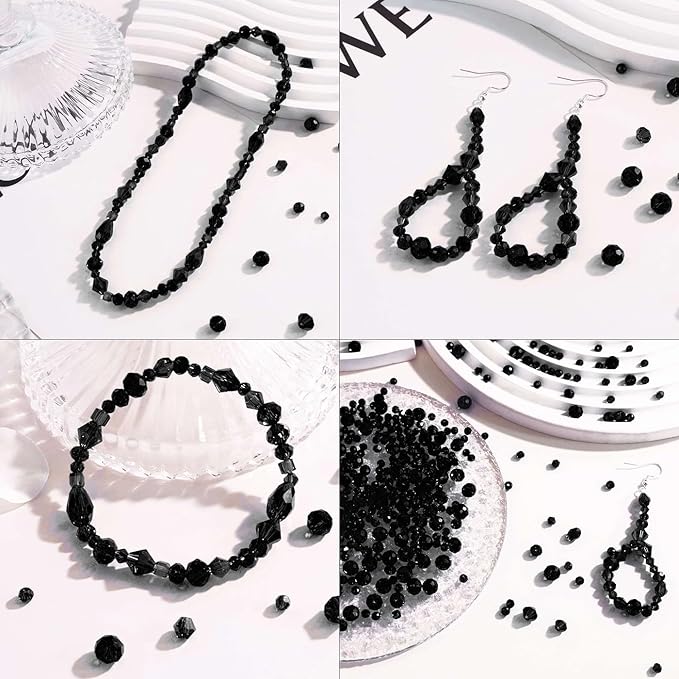 LAIDANLA 800PCS Glass Beads Black Color Crystal Beads Assorted Crystal Beads with Container Box for DIY Necklace Bracelet Earring Jewelry Making