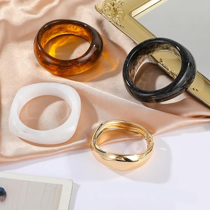 4Pcs Chunky Bangle Bracelets for Women Stackable Colorful Acrylic Gold Bangle Set Irregular Geometric Vintage Bracelets Statement Jewelry