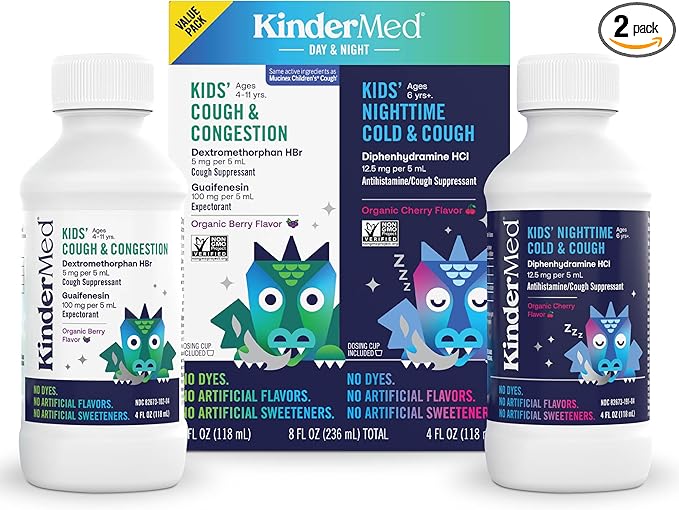 KinderMed Kids' Cough Day & Night Value Pack - Cough & Congestion Relief and Nighttime Cold Relief - No Artificial Flavors or Sweeteners - No Dyes (Organic Berry Flavor, 4 Fl Oz)