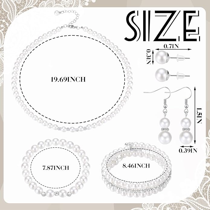 Glenmal Pearl Rhinestone Jewelry Set for Women Pearl Necklace Bracelet Earrings for Wedding Birthday Bridal Shower Tea Party