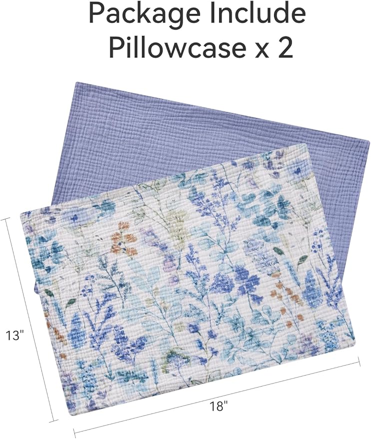 TILLYOU Muslin Toddler Pillowcase 2 Pack, 13x18 Soft Travel Cotton Pillow Case Kids for Boys and Girls, Blue Flower