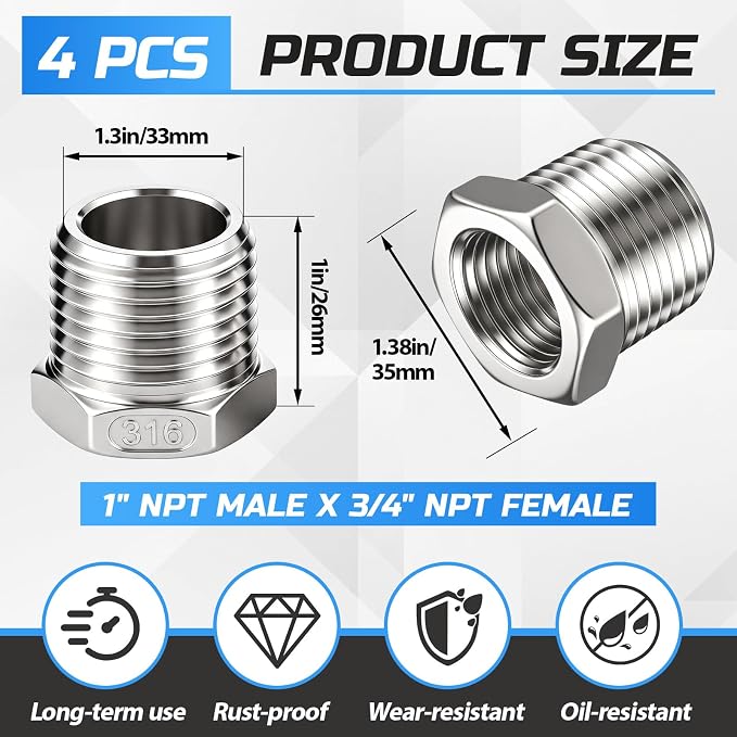 1" Mnpt to 3/4" Fnpt Male to Female 4 Pcs Hex Bushing Nipple Reducer, 316 - Image 2
