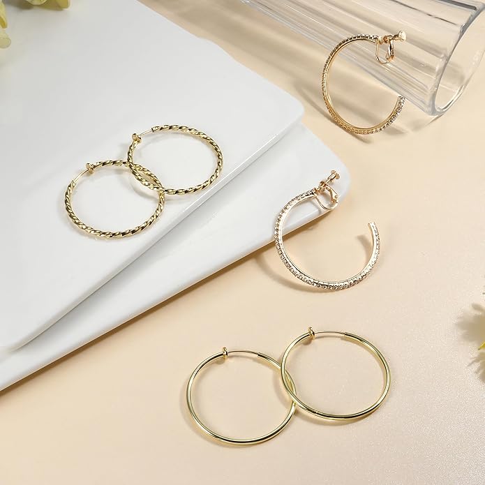 Clip On Hoop Earrings for Women Non Pierced Ears,Gold Clip On Earrings Non Piercing Big Stainless Steel Fake Hoops Lightweight 30-60mm