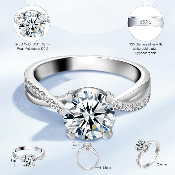 Moissanite Engagement Ring for Women, 2CT D Color VVS1, 925 Sterling Silver with 18K White Gold Plated, Twisted Moissanite Wedding Ring, Anniversary Promise Ring with Gift Box, Size 4.5-9