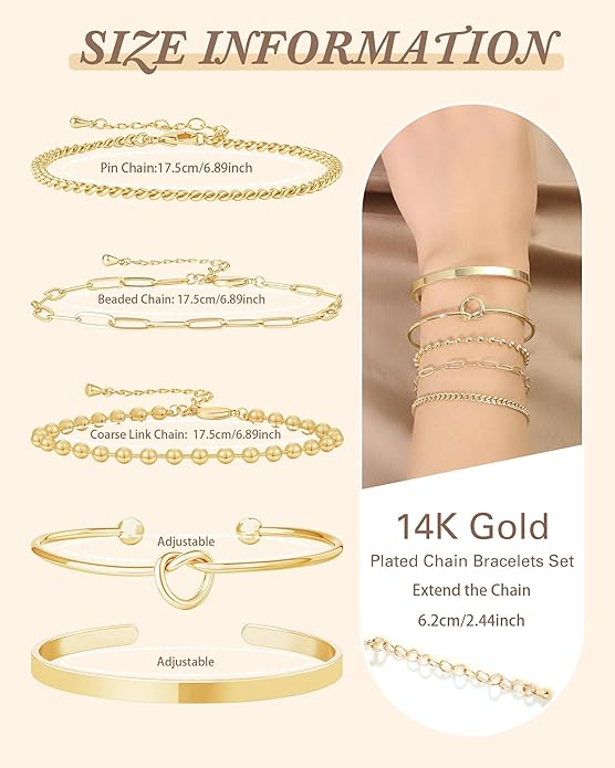 Gold Bracelets for Women, 14K Gold Plated Chain Bracelets Set for Women, Elegant Adjustable Bracelet Stack Jewelry Gifts for Womens