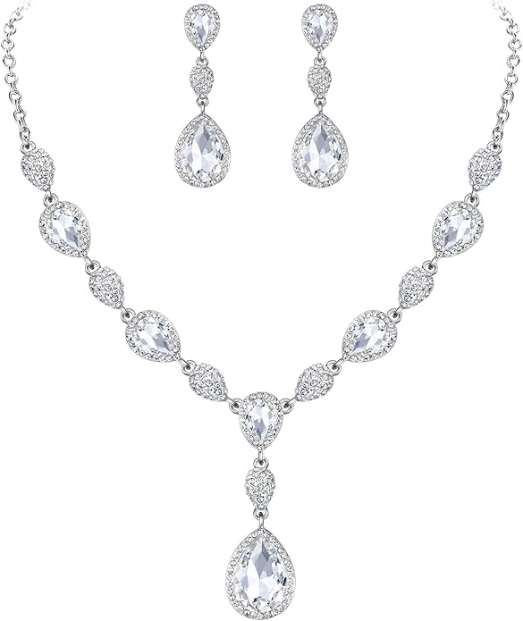 EleQueen Women's Cubic Zirconia Teardrop Y-Necklaces Dangle Earrings Jewelry Sets for Brides Bridesmaids