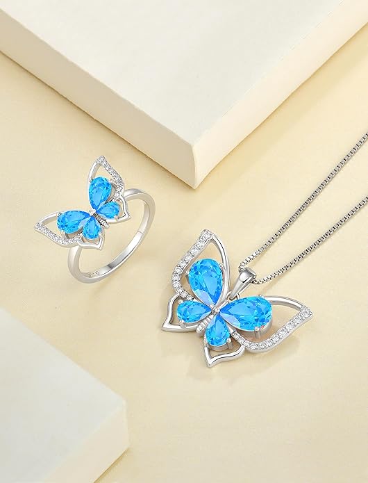YL Women's Butterfly Necklace 925 Sterling Silver Flower Rose Pendant Birthstone Halo Jewelry