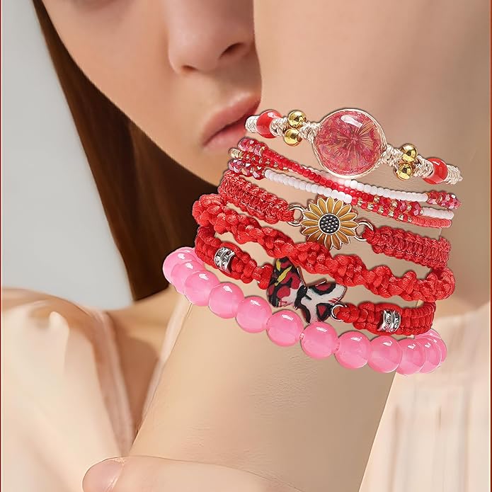DS 6PCS String beads Charm Bracelets for Teen Girls Handmade Braided Rope Butterfly daisies Eternal flower Boho Surfer Bracelet for women Adjustable friendship Stretch birthday jewelry Gift Friends