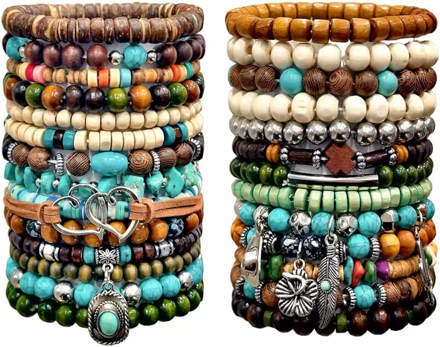 Punk Beaded Bracelets Pack for Men Women, Mens Bracelet Set with Beads, Mens Bead Bracelet Stackable Gothic Boho Adjustable Men Bead Bracelet Pack