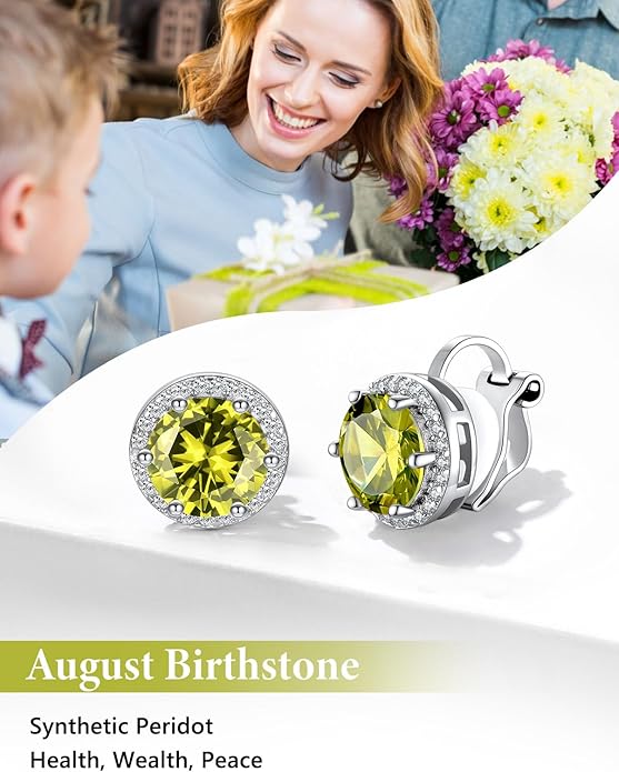 Silvora 925 Silver 8MM Cubic Zirconia Birthstone Clip On Stud Earrings Round Non Pierced Earrings For Women,Come with Box