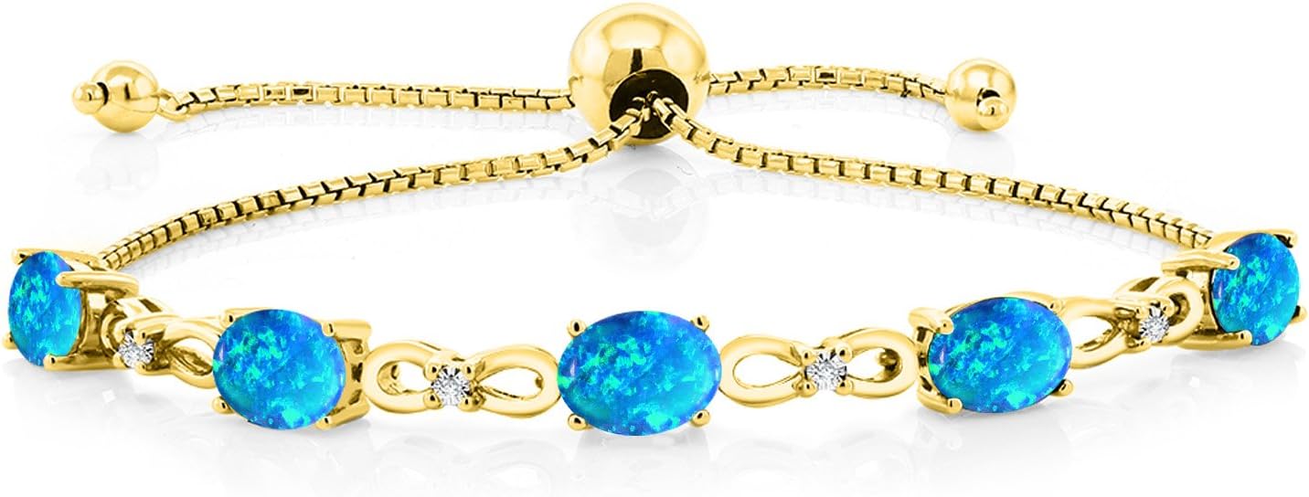 Gem Stone King 7X5MM Oval Cut Gemstone Birthstone and Accent Lab Grown Diamond Tennis Bracelet For Women In 18K Yellow Gold Plated Silver | Adjustable Bolo Bracelet For Women | Easy-On Easy-Off