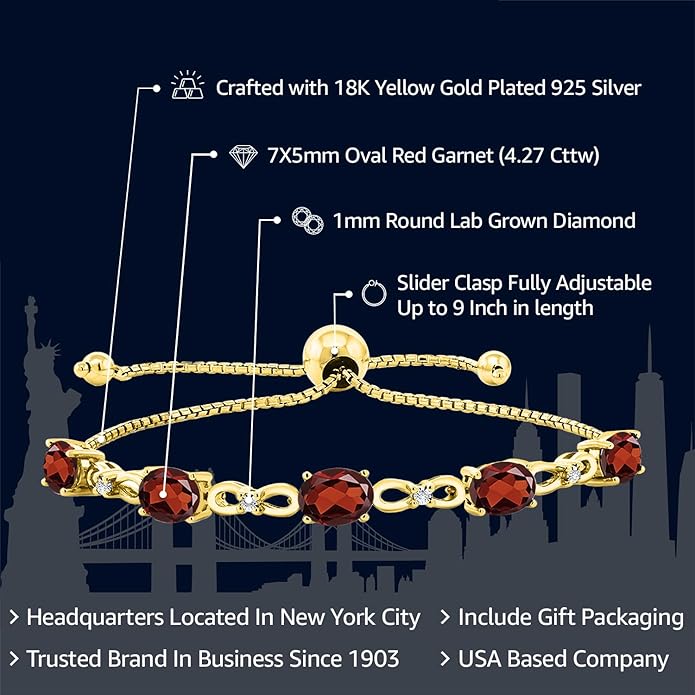 Gem Stone King 7X5MM Oval Cut Gemstone Birthstone and Accent Lab Grown Diamond Tennis Bracelet For Women In 18K Yellow Gold Plated Silver | Adjustable Bolo Bracelet For Women | Easy-On Easy-Off