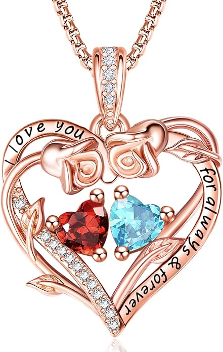 Rose Heart Necklaces for Women, Rose Gold Forever Love Jewelry with 2 Birthstones Pendant,Valentines Anniversarry Birthday Gifts for Her Wife Mom Grandma Daughter, 18+2 Inch Chain