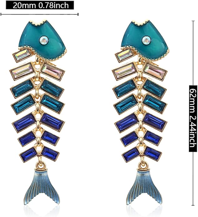 Creative Exaggerated Long Colorful Sparkly Crystal Fish Bone Dangle Drop Earrings Vintage Gold Cute Enamel Diamond Animal metal Stud Earrings